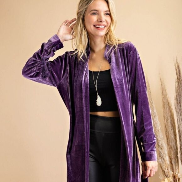 Dark Teal Velvet Boho Lace Up Tassel Sleeve Belted Open Cardigan Jacket - Picture 13 of 16